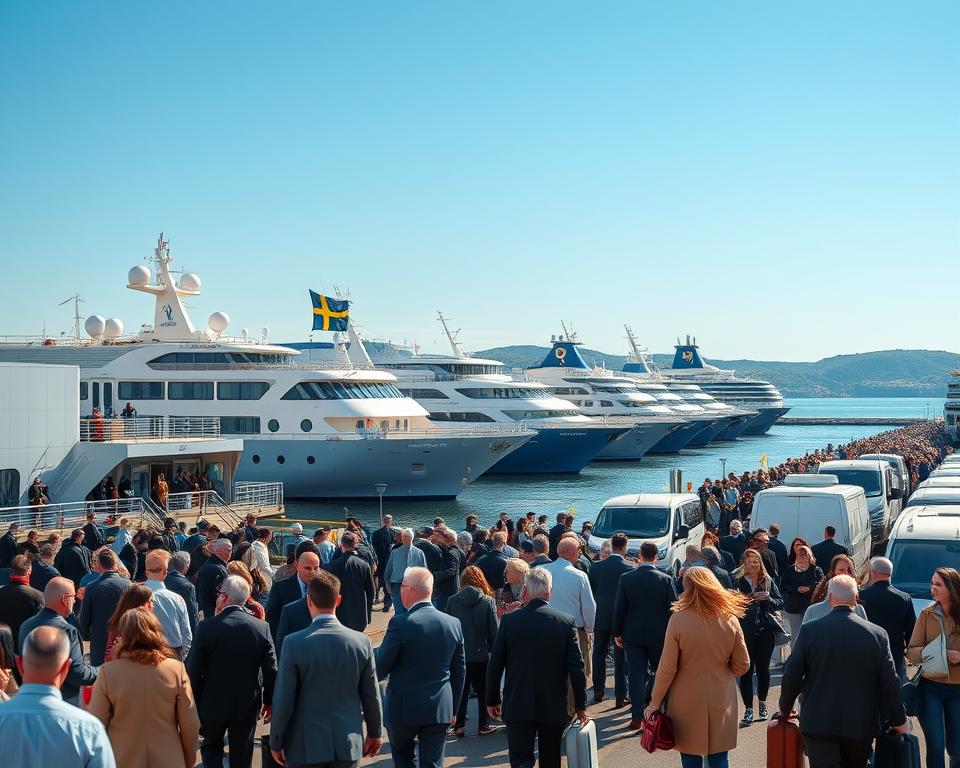 A scenic view of a ferry terminal in northern Europe, showcasing large ferries docked at a bustling port filled with travelers and vehicles preparing for their journey to Sweden. In the foreground, diverse groups of people in professional business attire and modest casual clothing are boarding the ferries, carrying luggage and enjoying the vibrant atmosphere. The middle ground features a collection of modern ferries, each distinct in color and design, with a prominent Swedish flag waving on one of them. The background captures a picturesque coastline under a clear blue sky, with hints of green hills. Soft, warm sunlight bathes the scene, creating an inviting and adventurous mood, while the composition is framed with a wide-angle perspective to convey a sense of movement and excitement.