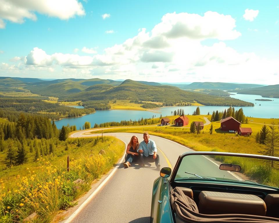A scenic view of a picturesque Swedish roadtrip, with a winding road leading through lush green forests and across serene lakes. In the foreground, a modestly dressed couple is seen enjoying the journey in their classic car, with smiles on their faces. The middle ground features vibrant wildflowers along the roadside and the couple's vehicle parked slightly off the road, inviting the viewer into their adventure. In the background, gently rolling hills and the iconic silhouette of Swedish red cottages dot the landscape under a bright blue sky filled with fluffy white clouds. The image is infused with warm, golden sunlight, creating a cheerful and inviting atmosphere that encapsulates the thrill of discovering Sweden's natural beauty. Aim for a wide-angle shot to capture the expansive view, focusing on the couple and the road.