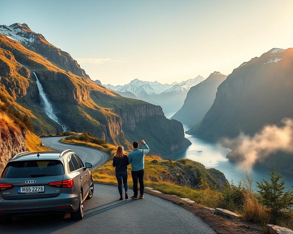 A scenic view of a winding road through the rugged landscapes of Norway, showcasing pristine fjords and lush greenery on both sides. In the foreground, a modern car parked at a scenic overlook, with travelers in modest casual clothing studying a map. The middle ground features dramatic cliffs and cascading waterfalls, with a soft mist rising from the water. In the background, majestic snow-capped mountains provide a breathtaking backdrop against a clear blue sky, illuminated by warm, golden sunlight. Capture the essence of adventure and exploration, suggesting a sense of journey and discovery. The atmosphere is vibrant and peaceful, evoking the beauty and serenity of a road trip through Norway. A scenic view of a winding road through the rugged landscapes of Norway, showcasing pristine fjords and lush greenery on both sides. In the foreground, a modern car parked at a scenic overlook, with travelers in modest casual clothing studying a map. The middle ground features dramatic cliffs and cascading waterfalls, with a soft mist rising from the water. In the background, majestic snow-capped mountains provide a breathtaking backdrop against a clear blue sky, illuminated by warm, golden sunlight. Capture the essence of adventure and exploration, suggesting a sense of journey and discovery. The atmosphere is vibrant and peaceful, evoking the beauty and serenity of a road trip through Norway.