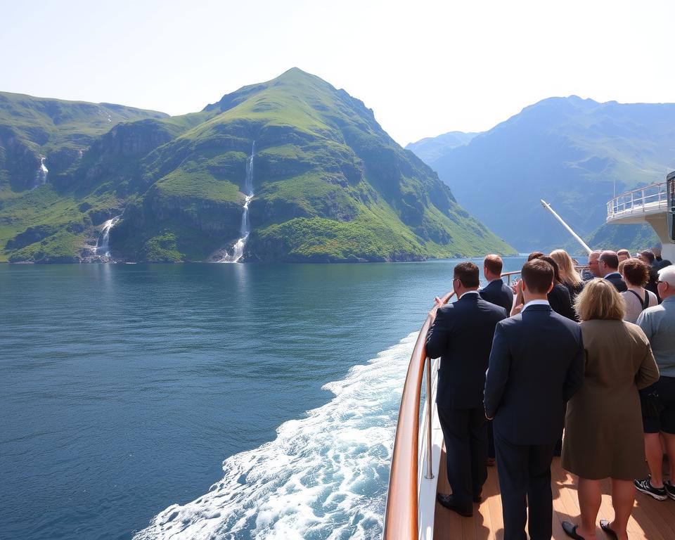 A scenic view of the Norwegian fjords during a calm summer day, with a luxurious cruise ship gliding through the deep blue waters. In the foreground, capture the intricate details of the cruise ship's deck, highlighting tourists dressed in smart casual attire marveling at the breathtaking landscape. In the middle ground, lush green cliffs rise sharply from the fjords, adorned with cascading waterfalls and patches of colorful wildflowers. The background showcases a clear sky, with soft, warm sunlight illuminating the scene, creating a tranquil and inviting atmosphere. Use a wide-angle lens to emphasize the expansive beauty of the fjord, capturing the grandeur and serenity of this picturesque travel destination.