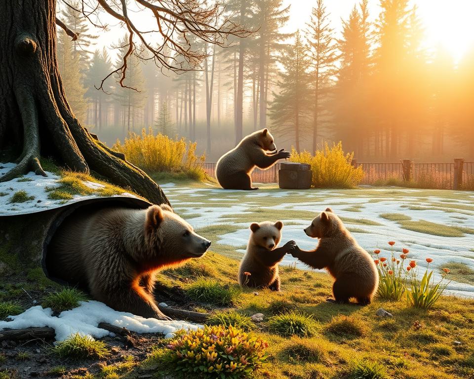 A seasonal depiction of bears in Sweden, showcasing their annual cycle through four distinct layers. In the foreground, a majestic brown bear is emerging from a cozy den, shaking off the remnants of winter sleep, surrounded by melted snow and fresh greenery. In the middle ground, a pair of bears playfully interact, indicating the lively spring time, with blooming flowers and vibrant foliage. The background features a tranquil Swedish forest, bathed in the warm glow of early morning light with soft rays filtering through the trees. Capture the atmosphere of renewal and vitality, with a focus on the harmony of nature, emphasizing the bears' connection to their environment. Use a wide-angle lens to create depth and a soft, inviting color palette to enhance the enchanting mood of this scenic transition. A seasonal depiction of bears in Sweden, showcasing their annual cycle through four distinct layers. In the foreground, a majestic brown bear is emerging from a cozy den, shaking off the remnants of winter sleep, surrounded by melted snow and fresh greenery. In the middle ground, a pair of bears playfully interact, indicating the lively spring time, with blooming flowers and vibrant foliage. The background features a tranquil Swedish forest, bathed in the warm glow of early morning light with soft rays filtering through the trees. Capture the atmosphere of renewal and vitality, with a focus on the harmony of nature, emphasizing the bears' connection to their environment. Use a wide-angle lens to create depth and a soft, inviting color palette to enhance the enchanting mood of this scenic transition.