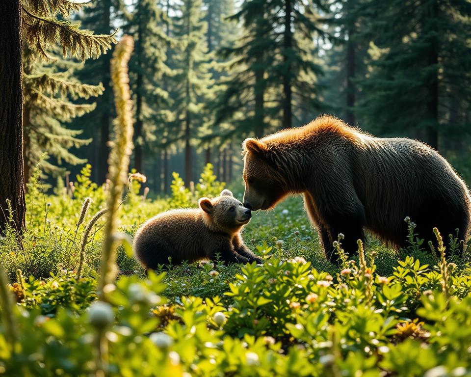 A serene Scandinavian forest scene in Sweden, capturing two majestic brown bears in their natural habitat. In the foreground, one bear is playfully interacting with a smaller bear, showcasing their curious nature. In the middle ground, lush green foliage and wildflowers create a vibrant setting, with soft sunlight filtering through the trees, casting dappled shadows on the forest floor. The background features towering pine trees, their deep green hues contrasting with the warm light. The atmosphere is peaceful, evoking a sense of tranquility and connection to nature, highlighting the beauty of wildlife in Sweden. The perspective is slightly low, emphasizing the bears' size and presence against the grand landscape. Use soft, natural lighting to enhance the scene. A serene Scandinavian forest scene in Sweden, capturing two majestic brown bears in their natural habitat. In the foreground, one bear is playfully interacting with a smaller bear, showcasing their curious nature. In the middle ground, lush green foliage and wildflowers create a vibrant setting, with soft sunlight filtering through the trees, casting dappled shadows on the forest floor. The background features towering pine trees, their deep green hues contrasting with the warm light. The atmosphere is peaceful, evoking a sense of tranquility and connection to nature, highlighting the beauty of wildlife in Sweden. The perspective is slightly low, emphasizing the bears' size and presence against the grand landscape. Use soft, natural lighting to enhance the scene.