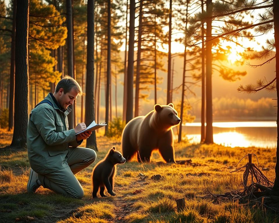 A serene Swedish forest during the golden hour, bathed in warm, soft sunlight filtering through the tall pine trees. In the foreground, a researcher in professional attire kneels next to a bear cub, carefully recording data on a clipboard, showcasing a nurturing interaction. The middle ground features a mature brown bear observing from a distance, its fur glistening in the sunlight. In the background, a tranquil lake reflects the vibrant autumn colors of the foliage, adding depth to the landscape. The atmosphere conveys a sense of dedication and harmony between humans and wildlife, emphasizing the commitment to bear research and monitoring in Sweden. The scene should be captured from a slightly elevated angle, showcasing the beauty of the environment while focusing on the researcher and the bears. A serene Swedish forest during the golden hour, bathed in warm, soft sunlight filtering through the tall pine trees. In the foreground, a researcher in professional attire kneels next to a bear cub, carefully recording data on a clipboard, showcasing a nurturing interaction. The middle ground features a mature brown bear observing from a distance, its fur glistening in the sunlight. In the background, a tranquil lake reflects the vibrant autumn colors of the foliage, adding depth to the landscape. The atmosphere conveys a sense of dedication and harmony between humans and wildlife, emphasizing the commitment to bear research and monitoring in Sweden. The scene should be captured from a slightly elevated angle, showcasing the beauty of the environment while focusing on the researcher and the bears.