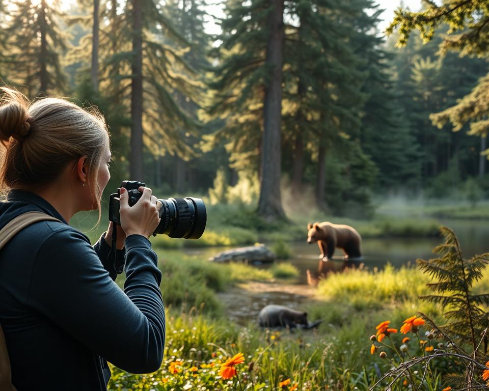 A serene Swedish forest scene highlighting an idyllic bear observation experience. In the foreground, a female wildlife photographer in casual but professional attire, using a telephoto lens to capture the majestic bears. The middle ground showcases a pair of brown bears playing near a tranquil lake, surrounded by lush greenery and vibrant wildflowers. The background features tall, dense trees with a soft, dappled sunlight filtering through the leaves, creating a warm and inviting atmosphere. A hint of mist hangs in the air, adding a touch of magic to the scene. The overall mood is peaceful and immersive, inviting viewers into the awe of wildlife observation in Sweden. A serene Swedish forest scene highlighting an idyllic bear observation experience. In the foreground, a female wildlife photographer in casual but professional attire, using a telephoto lens to capture the majestic bears. The middle ground showcases a pair of brown bears playing near a tranquil lake, surrounded by lush greenery and vibrant wildflowers. The background features tall, dense trees with a soft, dappled sunlight filtering through the leaves, creating a warm and inviting atmosphere. A hint of mist hangs in the air, adding a touch of magic to the scene. The overall mood is peaceful and immersive, inviting viewers into the awe of wildlife observation in Sweden.