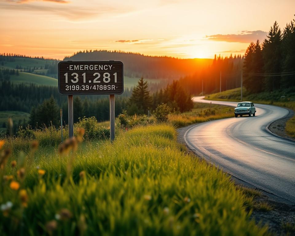 A serene Swedish landscape at dusk, showcasing a picturesque roadside scene with clear emergency numbers posted on a wooden signboard. In the foreground, lush green grass and wildflowers frame the bottom of the image, while a winding road leads into the distance. The middle ground features a classic Swedish car parked along the roadside, emphasizing the theme of a road trip. In the background, rolling hills and dense pine forests are illuminated by a warm, golden light from the setting sun, creating a tranquil atmosphere. The sky is painted with soft pink and orange hues, enhancing the peaceful mood. Capture this scene using a wide-angle lens to emphasize the depth and beauty of the landscape, ensuring no people or text are included in the image.