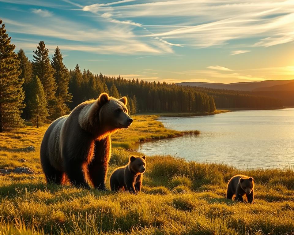 A serene Swedish landscape featuring a family of wild bears amidst their natural habitat. In the foreground, a large, brown bear with a glossy coat stands beside a tranquil lake, while two cubs playfully frolic on the soft green grass. In the middle ground, dense pine forests stretch towards the horizon, bathed in the warm glow of a setting sun, casting long shadows and creating a golden ambiance. The background showcases distant hills and a clear blue sky streaked with wispy clouds, conveying a peaceful atmosphere. Capture this scene using a soft-focus lens effect, emphasizing the warmth and tranquility of the environment, with gentle, diffused lighting to enhance the natural beauty of the bears and their surroundings. A serene Swedish landscape featuring a family of wild bears amidst their natural habitat. In the foreground, a large, brown bear with a glossy coat stands beside a tranquil lake, while two cubs playfully frolic on the soft green grass. In the middle ground, dense pine forests stretch towards the horizon, bathed in the warm glow of a setting sun, casting long shadows and creating a golden ambiance. The background showcases distant hills and a clear blue sky streaked with wispy clouds, conveying a peaceful atmosphere. Capture this scene using a soft-focus lens effect, emphasizing the warmth and tranquility of the environment, with gentle, diffused lighting to enhance the natural beauty of the bears and their surroundings.