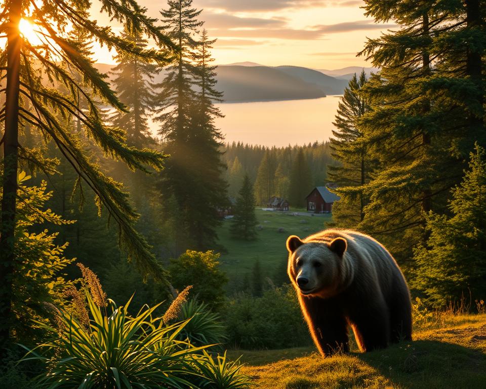 A serene Swedish landscape featuring a majestic bear in the foreground, surrounded by lush green forests and the soft, dappled light of a late afternoon sun filtering through the trees. The bear, depicted in a respectful and culturally significant way, symbolizes strength and resilience, embodying its role in Swedish folklore. In the middle ground, traditional Swedish cottages are nestled among the trees, hinting at the harmony between nature and culture. The background showcases a tranquil lake reflecting the hues of a twilight sky, creating a sense of peace and serenity. The overall atmosphere should evoke a sense of connection to Swedish heritage and appreciation for the natural world, captured with warm, inviting lighting and a gentle, painterly style. A serene Swedish landscape featuring a majestic bear in the foreground, surrounded by lush green forests and the soft, dappled light of a late afternoon sun filtering through the trees. The bear, depicted in a respectful and culturally significant way, symbolizes strength and resilience, embodying its role in Swedish folklore. In the middle ground, traditional Swedish cottages are nestled among the trees, hinting at the harmony between nature and culture. The background showcases a tranquil lake reflecting the hues of a twilight sky, creating a sense of peace and serenity. The overall atmosphere should evoke a sense of connection to Swedish heritage and appreciation for the natural world, captured with warm, inviting lighting and a gentle, painterly style.