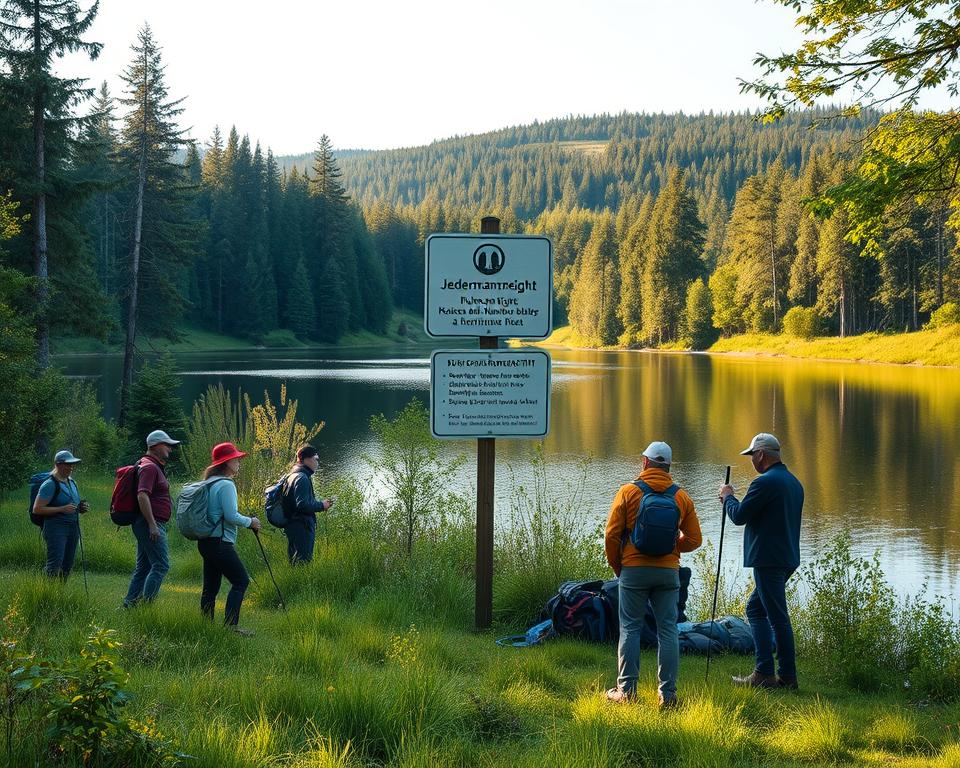 A serene Swedish landscape showcasing a lush green forest with a calm lake, embodying the spirit of "Jedermannsrecht." In the foreground, depict a diverse group of individuals dressed in professional outdoor attire, engaging harmoniously with nature—some hiking, others fishing respectfully at the water's edge. In the middle ground, include a signpost symbolizing rules and rights related to nature recreation, subtly hinting at the consequences of violations with a serene design. The background features the tranquil Swedish countryside, with soft sunlight filtering through the trees, casting gentle reflections on the lake's surface. Use a wide-angle lens to capture the expansive beauty and create a calming, respectful mood, emphasizing the balance between enjoyment and responsibility in this natural setting.