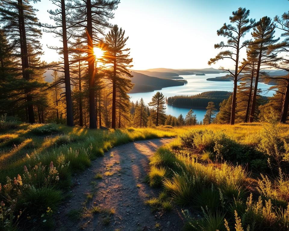 A serene Swedish nature reserve during the golden hour, highlighting a lush landscape with dense pine forests and clear blue lakes. In the foreground, a well-trodden path invites exploration, lined with wildflowers and soft ferns. The middle ground features gentle hills, dappled sunlight filtering through the trees, creating intricate shadows on the forest floor. In the background, a calm lake reflects the vibrant colors of the sunset, surrounded by distant, hazy mountains. The mood is tranquil and contemplative, suggesting a peaceful coexistence with nature. The composition is captured with a wide-angle lens, emphasizing the depth of the landscape. The lighting is warm and inviting, enhancing the natural beauty of the untouched wilderness.