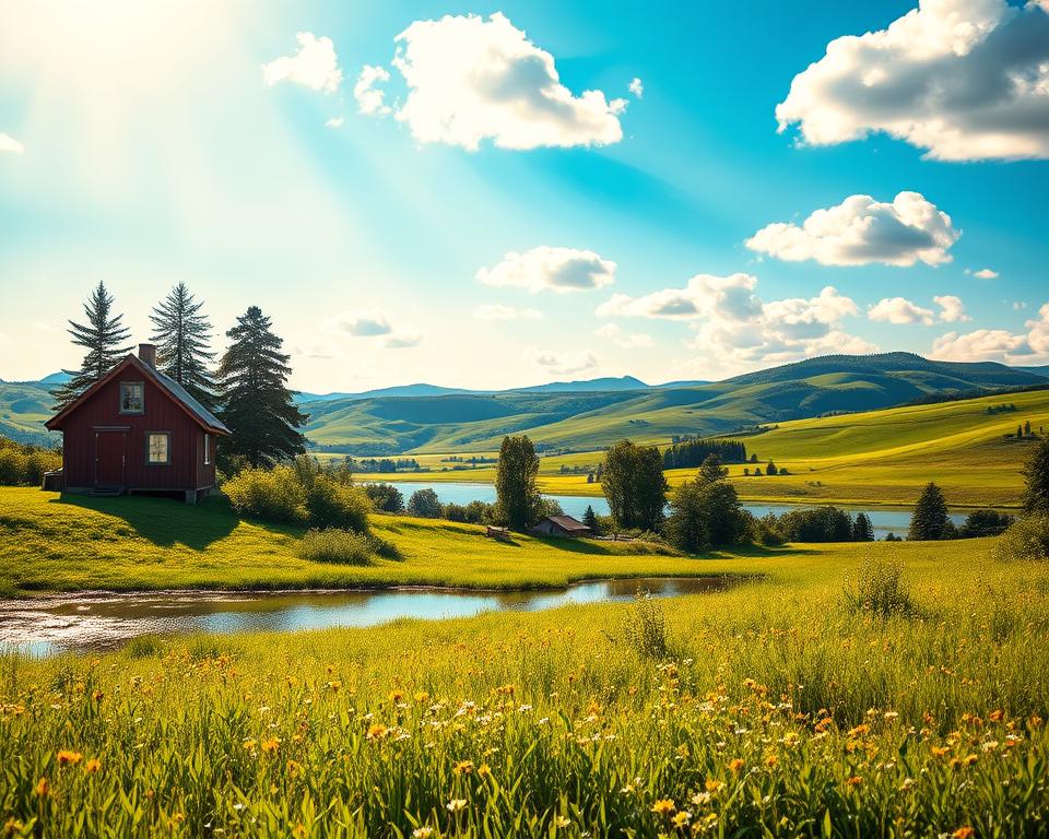 A serene Swedish summer landscape in July, showcasing a vibrant scene of lush green fields dotted with wildflowers, against a clear blue sky with bright, fluffy clouds. In the foreground, a peaceful lake reflects the sunlight, creating a sparkling effect on the water. To the left, a small wooden cottage with a red facade complements the natural scenery, surrounded by tall trees casting soft shadows. The middle ground features distant rolling hills, blending seamlessly into the horizon. A warm, golden light bathes the scene, evoking a tranquil and inviting atmosphere. Visual elements suggest the warmth of July in Sweden, capturing the essence of summer tranquility. The image should be richly detailed and vibrant, with a focus on the interplay between light and nature, inviting viewers to imagine the warmth and beauty of the season. A serene Swedish summer landscape in July, showcasing a vibrant scene of lush green fields dotted with wildflowers, against a clear blue sky with bright, fluffy clouds. In the foreground, a peaceful lake reflects the sunlight, creating a sparkling effect on the water. To the left, a small wooden cottage with a red facade complements the natural scenery, surrounded by tall trees casting soft shadows. The middle ground features distant rolling hills, blending seamlessly into the horizon. A warm, golden light bathes the scene, evoking a tranquil and inviting atmosphere. Visual elements suggest the warmth of July in Sweden, capturing the essence of summer tranquility. The image should be richly detailed and vibrant, with a focus on the interplay between light and nature, inviting viewers to imagine the warmth and beauty of the season.
