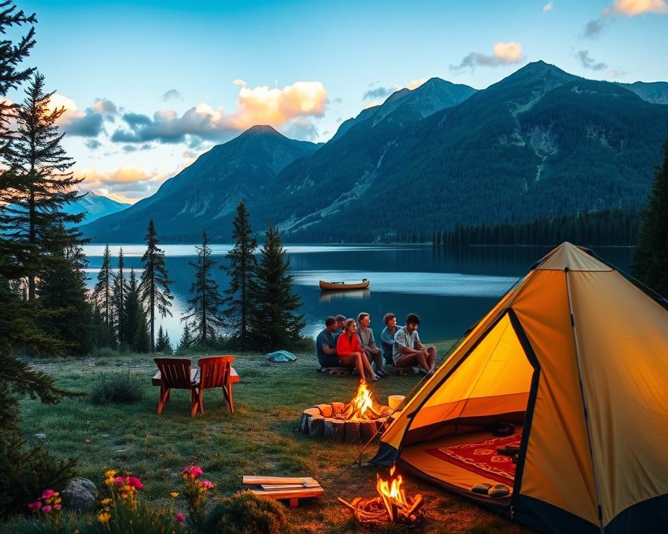 A serene camping scene in the lush wilderness of Sweden. In the foreground, a cozy tent with a warm glow emitting from inside, surrounded by pine trees and colorful wildflowers. A small campfire crackles nearby, casting a soft light on a group of friends in modest casual clothing, enjoying their time together. In the middle ground, a pristine lake reflects the blue sky and fluffy white clouds, with a small canoe gently floating at the water's edge. In the background, majestic mountains rise, cloaked in evergreen forests, creating a sense of tranquility. The light is golden as the sun begins to set, imparting a warm, inviting atmosphere to the entire scene, highlighting the beauty of Swedish nature. The angle captures the natural splendor, emphasizing the peaceful ambiance of camping in Sweden.