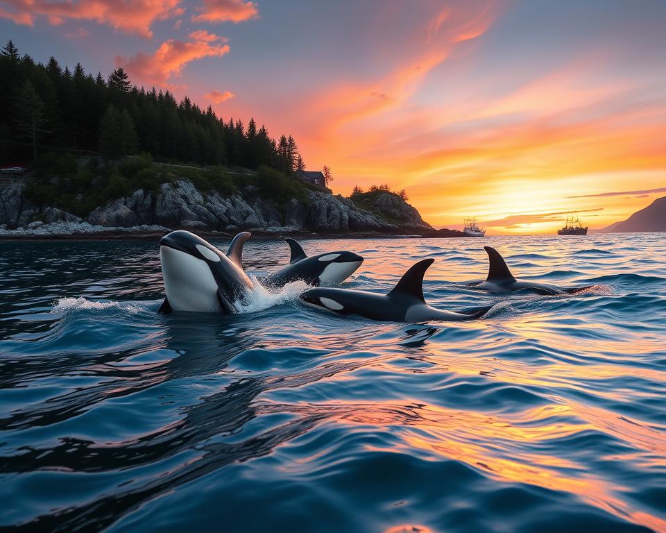 A serene coastal scene in Norway featuring a pod of majestic orcas swimming gracefully in clear blue waters. In the foreground, the powerful orcas breach the surface, their sleek bodies glistening in the sunlight. The middle ground showcases a rocky shoreline adorned with lush green forests, while a vibrant sunset paints the sky in hues of orange and purple, reflecting off the water. A few distant fishing boats can be seen near the horizon, capturing the traditional fishing culture tied to these intelligent creatures. Soft waves gently lap against the shore, creating a tranquil atmosphere. The image should be captured from a low angle close to the waterline, emphasizing the orcas' grandeur and the surrounding natural beauty, with natural lighting that enhances the rich colors and details. A serene coastal scene in Norway featuring a pod of majestic orcas swimming gracefully in clear blue waters. In the foreground, the powerful orcas breach the surface, their sleek bodies glistening in the sunlight. The middle ground showcases a rocky shoreline adorned with lush green forests, while a vibrant sunset paints the sky in hues of orange and purple, reflecting off the water. A few distant fishing boats can be seen near the horizon, capturing the traditional fishing culture tied to these intelligent creatures. Soft waves gently lap against the shore, creating a tranquil atmosphere. The image should be captured from a low angle close to the waterline, emphasizing the orcas' grandeur and the surrounding natural beauty, with natural lighting that enhances the rich colors and details.