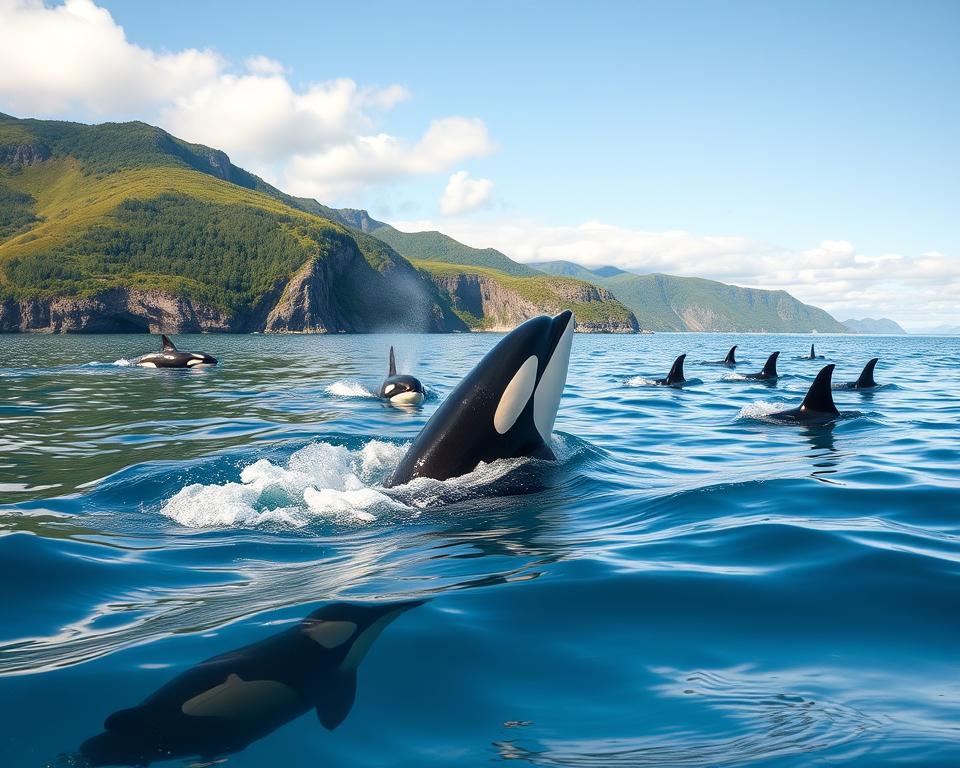 A serene coastal scene in Norway, showcasing a pod of orcas swimming gracefully in clear blue waters. In the foreground, a close-up view of an orca breaching the surface, water splashing around its sleek body, highlighting its distinct black and white markings. In the middle ground, several orcas can be seen swimming together, creating a sense of community and harmony. The background features a rugged coastline with cliffs covered in lush green forests, under a bright, sunny sky with soft clouds. The lighting is warm and inviting, capturing the natural beauty of the environment. The atmosphere feels peaceful and inspiring, reflecting the ongoing conservation efforts to protect these majestic creatures in their habitat. A serene coastal scene in Norway, showcasing a pod of orcas swimming gracefully in clear blue waters. In the foreground, a close-up view of an orca breaching the surface, water splashing around its sleek body, highlighting its distinct black and white markings. In the middle ground, several orcas can be seen swimming together, creating a sense of community and harmony. The background features a rugged coastline with cliffs covered in lush green forests, under a bright, sunny sky with soft clouds. The lighting is warm and inviting, capturing the natural beauty of the environment. The atmosphere feels peaceful and inspiring, reflecting the ongoing conservation efforts to protect these majestic creatures in their habitat.