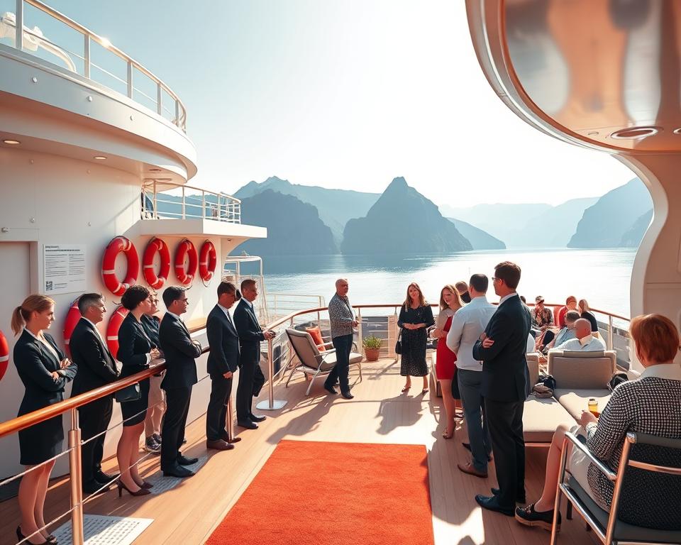 A serene cruise ship deck in the foreground, featuring a group of passengers in professional business attire and modest casual clothing, engaged in a safety briefing with a crew member. The middle layer showcases the ship's elegant design, emphasizing safety features like lifebuoys and clear signage, with people comfortably seated at outdoor lounge areas. In the background, panoramic views of the stunning Norwegian fjords are visible, bathed in soft, warm sunlight illuminating the majestic cliffs and calm waters. The atmosphere is relaxed yet vigilant, evoking a sense of health, safety, and comfort at sea. Use a wide-angle lens perspective to capture the grandeur of both the ship and the fjords, with natural lighting to enhance the inviting mood.