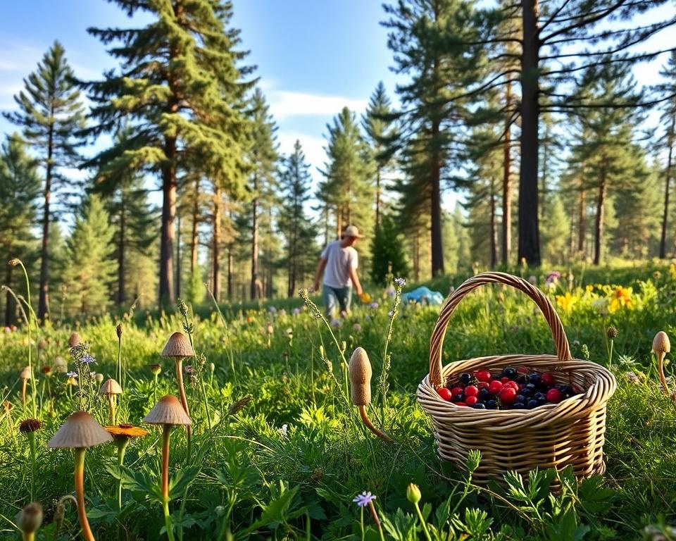A serene landscape depicting the collection of natural products in Sweden. In the foreground, a person dressed in modest casual clothing is carefully picking wild mushrooms and berries, showing a focused and respectful approach to foraging. In the middle ground, lush greenery and vibrant wildflowers create a feeling of harmony with nature, while a small basket filled with freshly gathered berries adds a personal touch. The background features tall, majestic pine trees under a clear blue sky, with soft sunlight filtering through the leaves, casting gentle dappled shadows on the forest floor. The atmosphere is tranquil and inviting, emphasizing the connection between humans and nature, while highlighting the beauty of Sweden’s wilderness.