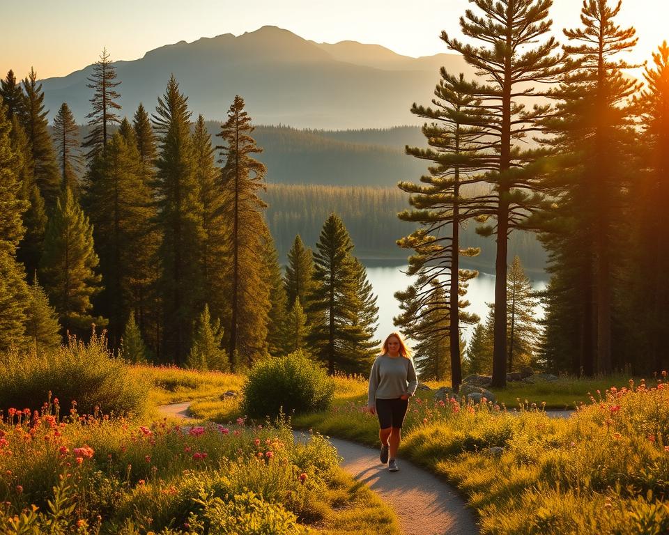 A serene landscape of Sweden during the golden hour, showcasing a dense, lush green forest and tranquil lakes ideal for wandering. In the foreground, a couple dressed in modest casual clothing is walking along a winding path, surrounded by vibrant wildflowers and the soft glow of the setting sun. The middle layer features tall pine trees, their branches swaying gently in a light breeze, offering a sense of adventure and freedom. In the background, a majestic mountain range rises, partially shrouded in mist to add depth to the scene. The lighting is warm and inviting, casting soft shadows that enhance the peaceful atmosphere of nature. The overall mood conveys tranquility, encouraging outdoor exploration and connection with the Swedish wilderness.