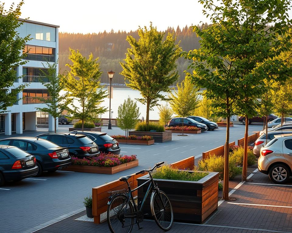 A serene parking area in a Swedish city during late afternoon, showcasing neatly parked cars among lush green trees and colorful flower beds. In the foreground, a few bicycles are leaned against a wooden fence, hinting at eco-friendly transportation. The middle ground features clean, modern architecture typical of Swedish urban design, with large windows reflecting the soft golden sunlight. The background reveals a glimpse of a tranquil lake, surrounded by dense forest, highlighting Sweden's natural beauty. The scene exudes a peaceful, inviting atmosphere, with soft, warm lighting enhancing the idyllic charm of the parking area. The camera angle is slightly elevated, providing a broad view that captures both the urban and natural elements harmoniously.