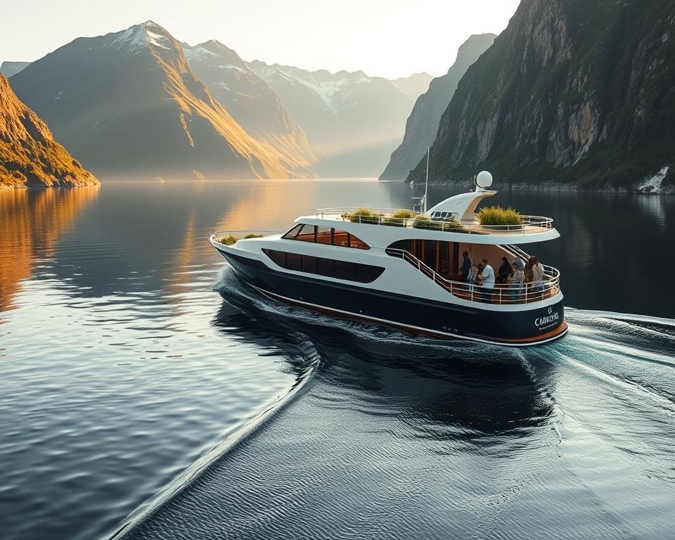 A serene scene of an eco-friendly cruise ship gliding through the tranquil waters of a Norwegian fjord, surrounded by majestic cliffs and lush greenery. The foreground features the sleek design of the ship, emphasizing its sustainable features, with solar panels and greenery on deck. In the middle ground, gentle waves lap at the hull, while passengers, dressed in modest casual attire, admire the stunning landscape. The background showcases towering mountains with patches of snow, reflecting in the crystal-clear water under soft, golden sunlight creating a warm and inviting atmosphere. The overall mood is one of tranquility and adventure, capturing the essence of conscious travel amidst breathtaking nature.