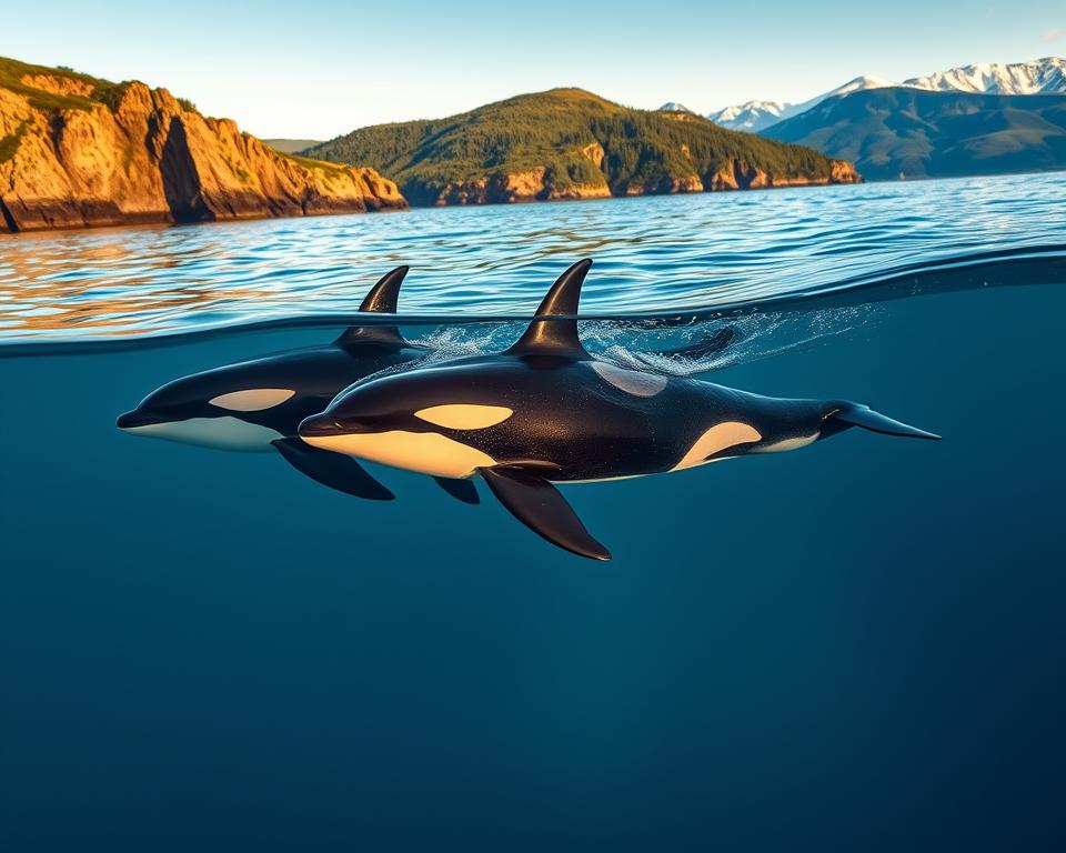 A serene scene of orca ecotypes in the clear blue waters of Norway, showcasing three distinct orcas: the resident type with a robust build, the transient type with a sleeker physique, and the offshore type featuring a faded coloration. In the foreground, the orcas gracefully swim together, creating gentle ripples in the water. The middle ground features a backdrop of rugged cliffs and lush green coastal vegetation, while the background shows distant snow-capped mountains under a soft, golden sunset. The lighting casts a warm glow over the scene, highlighting the orcas’ remarkable features. Capture this moment from a low angle, emphasizing the dynamic movement of the orcas. The overall mood is tranquil yet awe-inspiring, inviting viewers into the majestic world of these intelligent marine mammals. A serene scene of orca ecotypes in the clear blue waters of Norway, showcasing three distinct orcas: the resident type with a robust build, the transient type with a sleeker physique, and the offshore type featuring a faded coloration. In the foreground, the orcas gracefully swim together, creating gentle ripples in the water. The middle ground features a backdrop of rugged cliffs and lush green coastal vegetation, while the background shows distant snow-capped mountains under a soft, golden sunset. The lighting casts a warm glow over the scene, highlighting the orcas’ remarkable features. Capture this moment from a low angle, emphasizing the dynamic movement of the orcas. The overall mood is tranquil yet awe-inspiring, inviting viewers into the majestic world of these intelligent marine mammals.