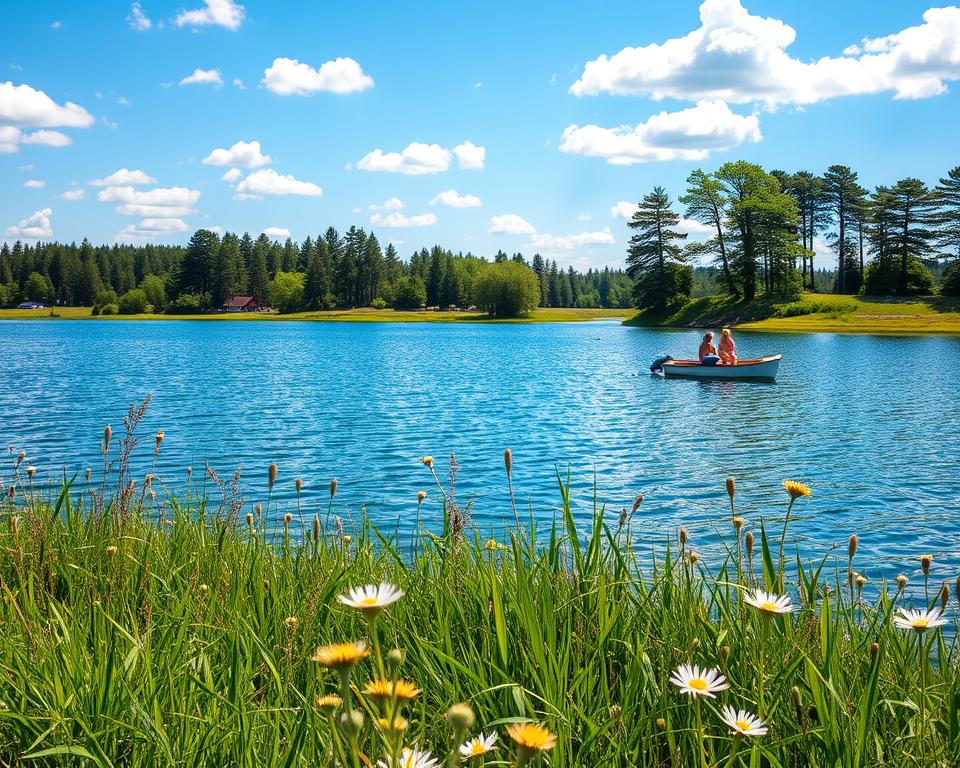 A serene summer scene depicting the calm waters of Sweden in August, showcasing varying shades of blue reflecting the bright sun. In the foreground, include a peaceful lakeside with lush green grass and wildflowers gently swaying in the breeze. The middle ground features a few small boats anchored, with people in modest summer attire enjoying the sunshine and tranquility of the lake. In the background, pine trees line the shore under a clear blue sky scattered with a few fluffy white clouds. Utilize warm, natural lighting to evoke a sense of calm and relaxation, captured from a slightly elevated angle to encompass both the vibrant foreground and serene water backdrop. The atmosphere should feel inviting and connected to nature, perfect for illustrating August temperatures in Sweden. A serene summer scene depicting the calm waters of Sweden in August, showcasing varying shades of blue reflecting the bright sun. In the foreground, include a peaceful lakeside with lush green grass and wildflowers gently swaying in the breeze. The middle ground features a few small boats anchored, with people in modest summer attire enjoying the sunshine and tranquility of the lake. In the background, pine trees line the shore under a clear blue sky scattered with a few fluffy white clouds. Utilize warm, natural lighting to evoke a sense of calm and relaxation, captured from a slightly elevated angle to encompass both the vibrant foreground and serene water backdrop. The atmosphere should feel inviting and connected to nature, perfect for illustrating August temperatures in Sweden.