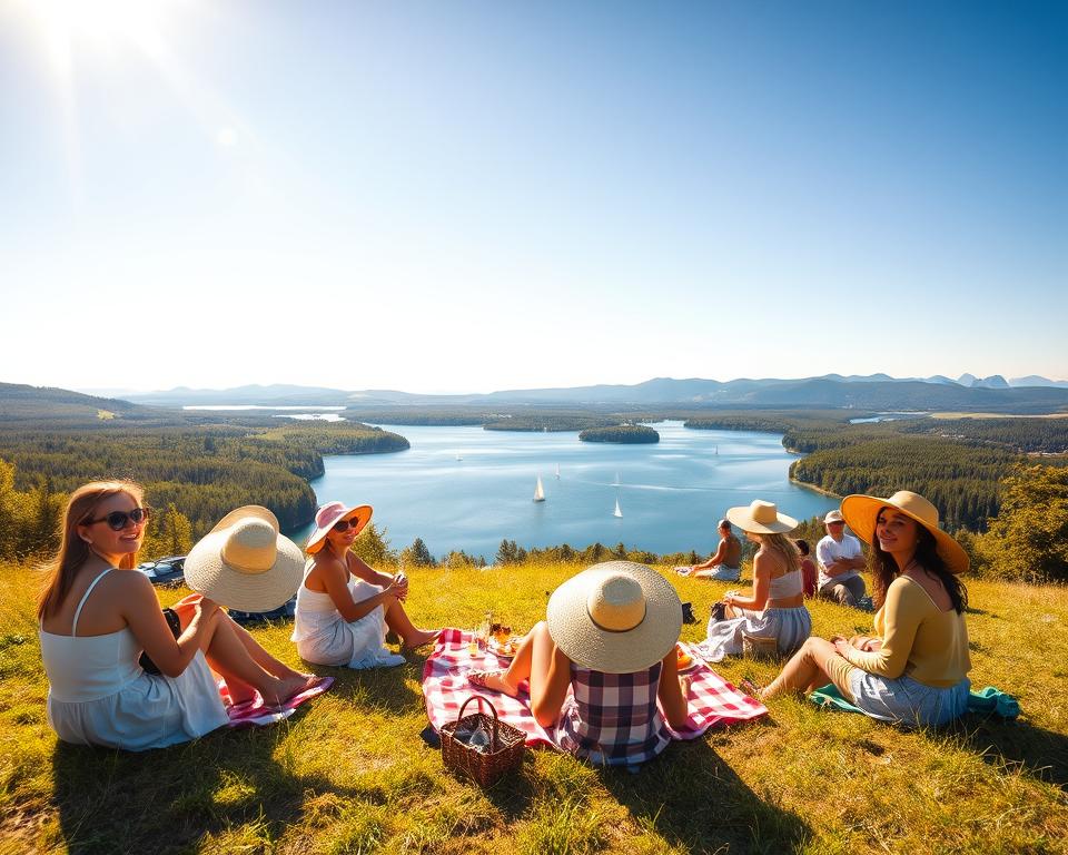 A serene summer scene in Sweden, showcasing a vibrant sun-drenched landscape. In the foreground, a group of diverse people dressed in modest casual clothing enjoy a picnic on a grassy hill, displaying protective sun gear like wide-brimmed hats and sunglasses. In the middle, a clear blue lake reflects the sunlight, with a few sailboats gently gliding on its surface. The background features lush green forests and distant mountains under a bright, cloudless sky, emphasizing the warmth of summer. The golden light of late afternoon creates soft shadows and highlights the joyful atmosphere of outdoor activities. Capture this vibrant scene using a wide-angle lens to encompass the beauty of the Swedish summer, enhancing the mood of health and vitality amidst nature. A serene summer scene in Sweden, showcasing a vibrant sun-drenched landscape. In the foreground, a group of diverse people dressed in modest casual clothing enjoy a picnic on a grassy hill, displaying protective sun gear like wide-brimmed hats and sunglasses. In the middle, a clear blue lake reflects the sunlight, with a few sailboats gently gliding on its surface. The background features lush green forests and distant mountains under a bright, cloudless sky, emphasizing the warmth of summer. The golden light of late afternoon creates soft shadows and highlights the joyful atmosphere of outdoor activities. Capture this vibrant scene using a wide-angle lens to encompass the beauty of the Swedish summer, enhancing the mood of health and vitality amidst nature.