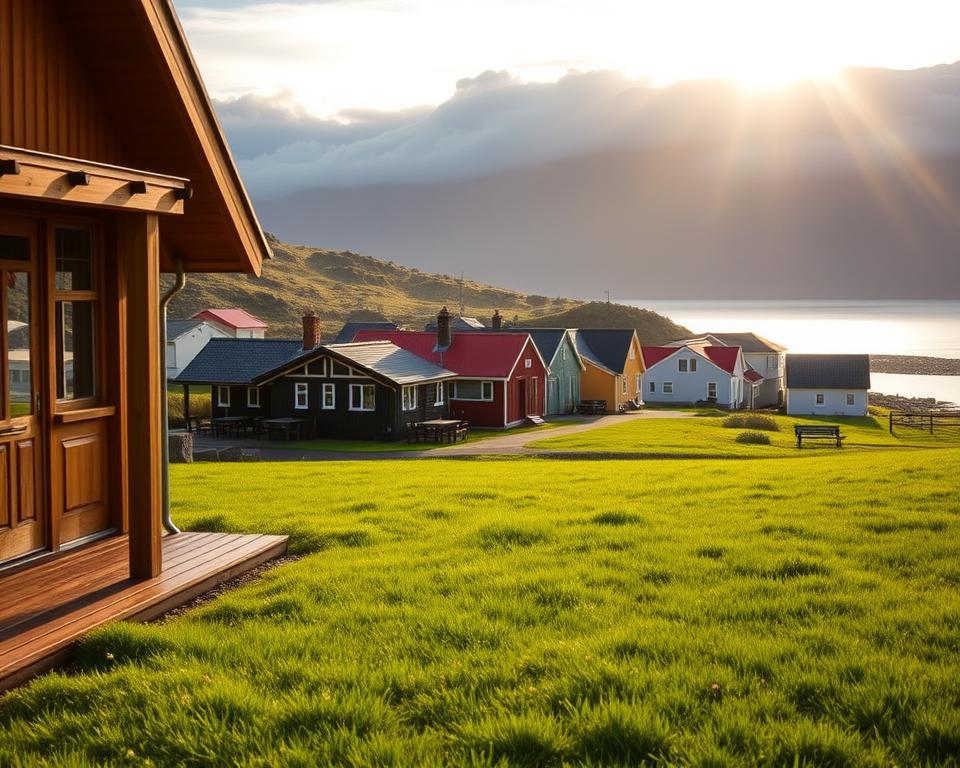 A serene view of Unterkunft Siglufjörður, capturing the essence of Icelandic hospitality. In the foreground, a cozy wooden guesthouse with a welcoming porch is framed by vivid green grass. The middle ground features a cluster of charming accommodations, showcasing various architectural styles with colorful facades and cozy outdoor seating areas. In the background, majestic mountains rise against the horizon, partially shrouded in mist, while a tranquil fjord glimmers under soft, golden sunlight. The scene is illuminated with warm, natural light during the early morning or late afternoon, creating a peaceful and inviting atmosphere. A few scattered wildflowers dot the landscape, adding a touch of color. The overall mood conveys comfort, tranquility, and the pristine beauty of nature. A serene view of Unterkunft Siglufjörður, capturing the essence of Icelandic hospitality. In the foreground, a cozy wooden guesthouse with a welcoming porch is framed by vivid green grass. The middle ground features a cluster of charming accommodations, showcasing various architectural styles with colorful facades and cozy outdoor seating areas. In the background, majestic mountains rise against the horizon, partially shrouded in mist, while a tranquil fjord glimmers under soft, golden sunlight. The scene is illuminated with warm, natural light during the early morning or late afternoon, creating a peaceful and inviting atmosphere. A few scattered wildflowers dot the landscape, adding a touch of color. The overall mood conveys comfort, tranquility, and the pristine beauty of nature.