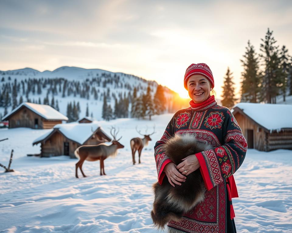 A serene winter landscape in Finnish Lapland, featuring a traditional Sámi village. In the foreground, a proud Sámi woman dressed in colorful traditional clothing, showcasing intricate patterns and embroidery, stands with a warm smile, holding a beautifully crafted reindeer hide. In the middle ground, traditional wooden huts with turf roofs are surrounded by gently falling snow. A majestic reindeer stands nearby, embodying the Sámi connection to nature. In the background, towering snow-covered hills and pine trees create a stunning backdrop under a soft, golden sun setting on the horizon. The atmosphere is peaceful and inviting, evoking a sense of respect for Sámi culture and heritage. The image should have soft natural lighting, captured with a wide-angle lens to emphasize the vastness of the landscape.