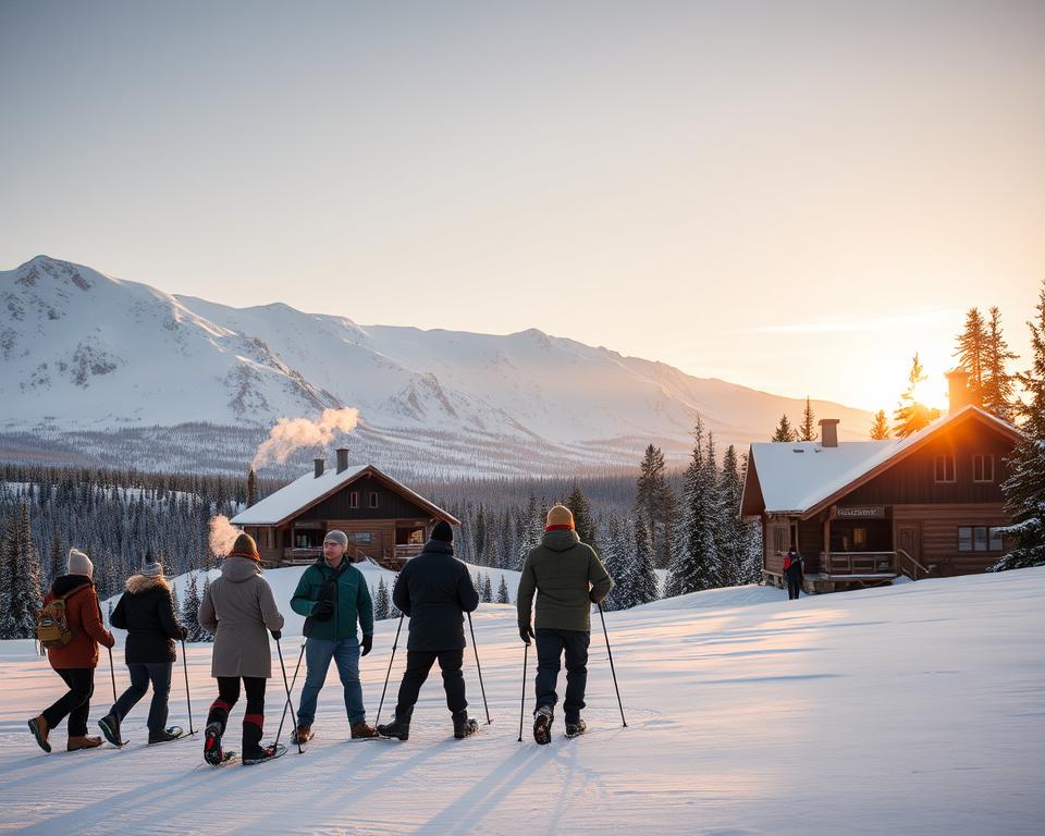 A serene winter landscape in Finnish Lapland, showcasing a sustainable travel theme. In the foreground, a small group of diverse travelers dressed in modest, casual winter clothing are engaged in outdoor activities like snowshoeing and admire the breathtaking scenery. The middle ground features traditional wooden cabins with smoke gently rising from their chimneys, hinting at local artisans offering crafts and local produce. In the background, majestic snow-covered mountains are illuminated by soft, golden sunrise light, creating a warm and inviting atmosphere. A tranquil forest of evergreen trees adds depth and a sense of connection to nature. The overall mood should evoke a sense of harmony between adventure and environmental stewardship, embodying the essence of responsible travel in this enchanting Nordic setting.