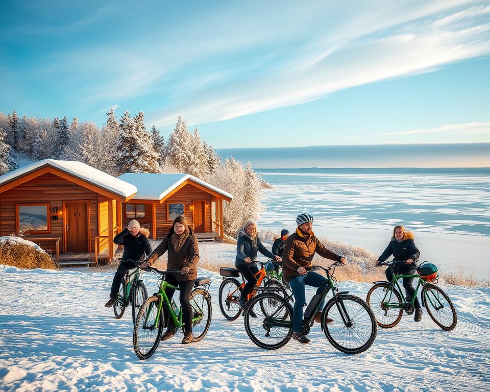 A serene winter scene depicting sustainable travel on an island. In the foreground, a small group of travelers in modest casual winter attire, engaging in activities like cycling with eco-friendly electric bikes and enjoying the snowy landscape. In the middle ground, quaint wooden cabins adorned with warm lights, showcasing an inviting atmosphere. The background reveals a tranquil ocean, partially frozen, with frosted trees lining the shore under a clear blue sky. Soft, golden sunlight casts a warm glow over the scene, emphasizing the cozy, communal vibe. The overall mood is peaceful and harmonious, highlighting the beauty of winter on an island while promoting environmentally friendly travel practices.