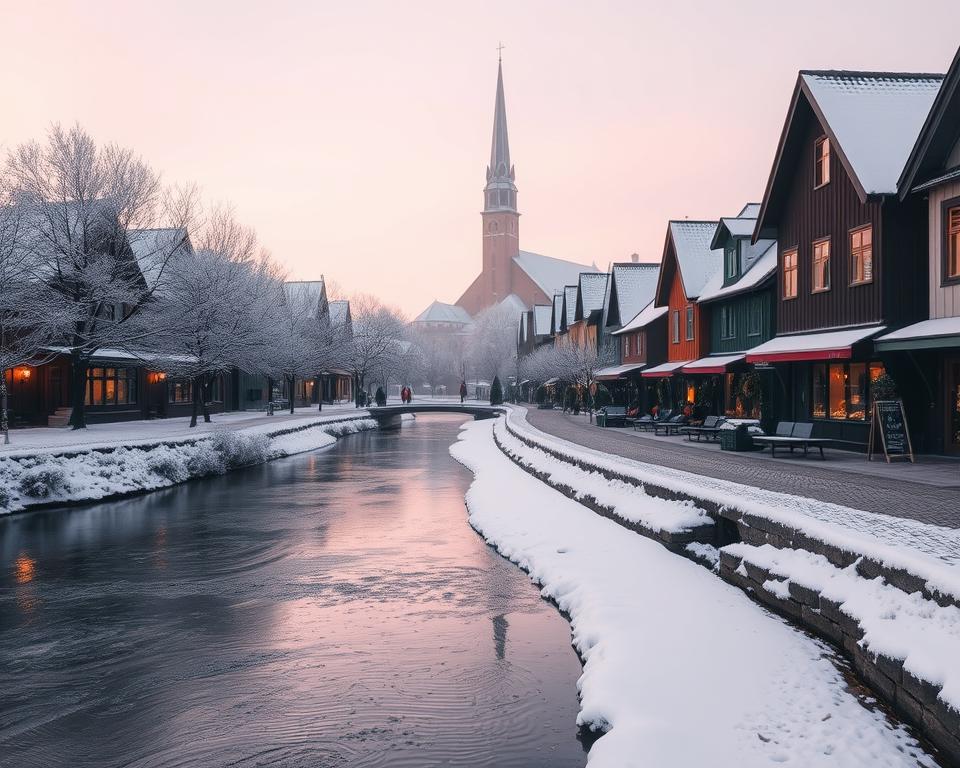 A serene winter scene in Porvoo, Finland, showcasing the charming historic wooden houses dusted with fresh snow. In the foreground, a gentle river reflects the pale light of a soft winter sunrise, surrounded by delicate frost-laden trees. In the middle ground, cobbled streets are lined with cozy cafes adorned with warm lights, inviting visitors to explore. The background features the iconic Porvoo Cathedral rising majestically against a pastel sky, its steeple peeking through the mist. The overall mood is tranquil and picturesque, evoking a sense of warmth despite the cold, with diffuse natural lighting emphasizing the serene beauty of winter. The image captures the essence of a winter's day in this enchanting town, perfect for adventurous day trips from Helsinki.