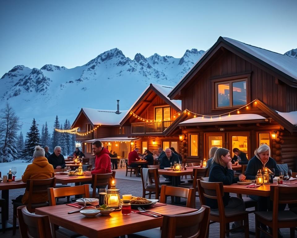 A serene winter scene of the Kebnekaise Fjällstation in Sweden, nestled in the majestic mountains. In the foreground, a cozy dining area with rustic wooden tables and chairs, where guests are enjoying traditional Swedish dishes, such as reindeer stew and cloudberry dessert. The middle ground features the fjällstation building, a charming log cabin with a welcoming atmosphere, adorned with strings of warm lights. In the background, the dramatic snow-capped peaks of Kebnekaise rise against a crisp blue sky, with soft, golden sunlight illuminating the landscape. The overall mood is inviting and warm, evoking a sense of comfort and community in the high north. Use a soft focus lens effect to enhance the cozy feeling, capturing the essence of gastronomy in this beautiful location.