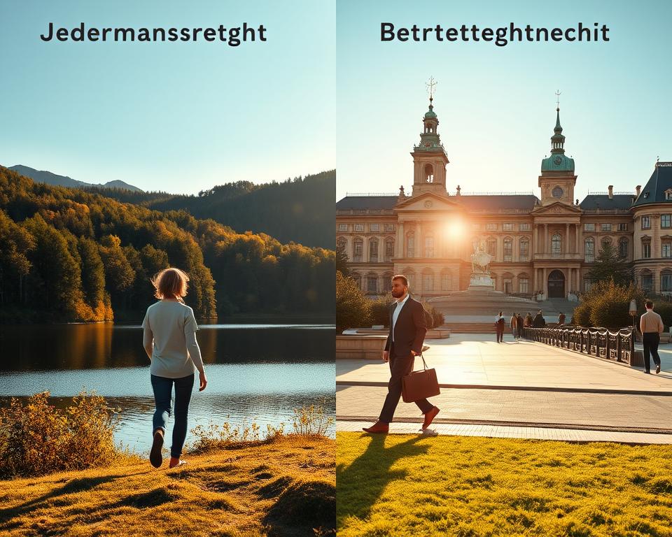 A split-scene image illustrating the comparison between "Jedermannsrecht" in Sweden and "Betretungsrecht" in Germany. In the foreground, depict a serene Swedish landscape featuring a person in modest casual clothing peacefully enjoying nature, with a tranquil lake and forest in soft sunlight. In the middle ground, contrast this with an organized German urban setting, showcasing a person in professional business attire walking through a city park or square, surrounded by historical architecture. The background of the Swedish scene should have mountains, while the German scene features striking buildings. Employ warm, inviting lighting to create a harmonious mood, and capture the essence of freedom in nature versus structured public space, emphasizing respect for the rights in both regions.