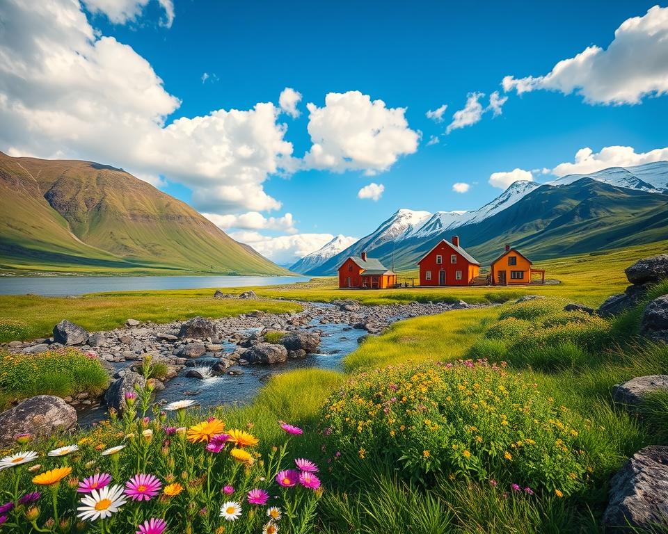 A stunning landscape of Siglufjörður, Iceland, showcasing the lush green fjord surrounded by majestic mountains under a bright blue sky with fluffy white clouds. In the foreground, vibrant wildflowers bloom, while a gentle stream flows between the rocks, reflecting the sunlight. The middle ground features traditional Icelandic houses painted in warm colors, adding a touch of human warmth to the natural beauty. In the background, towering snow-capped mountains loom majestically, hinting at the region's rugged wilderness. The scene captures the essence of summer, with soft, warm lighting illuminating the landscape, creating a serene and inviting atmosphere. The angle should emphasize the depth of the fjord, drawing the viewer into the enchanting natural surroundings. A stunning landscape of Siglufjörður, Iceland, showcasing the lush green fjord surrounded by majestic mountains under a bright blue sky with fluffy white clouds. In the foreground, vibrant wildflowers bloom, while a gentle stream flows between the rocks, reflecting the sunlight. The middle ground features traditional Icelandic houses painted in warm colors, adding a touch of human warmth to the natural beauty. In the background, towering snow-capped mountains loom majestically, hinting at the region's rugged wilderness. The scene captures the essence of summer, with soft, warm lighting illuminating the landscape, creating a serene and inviting atmosphere. The angle should emphasize the depth of the fjord, drawing the viewer into the enchanting natural surroundings.