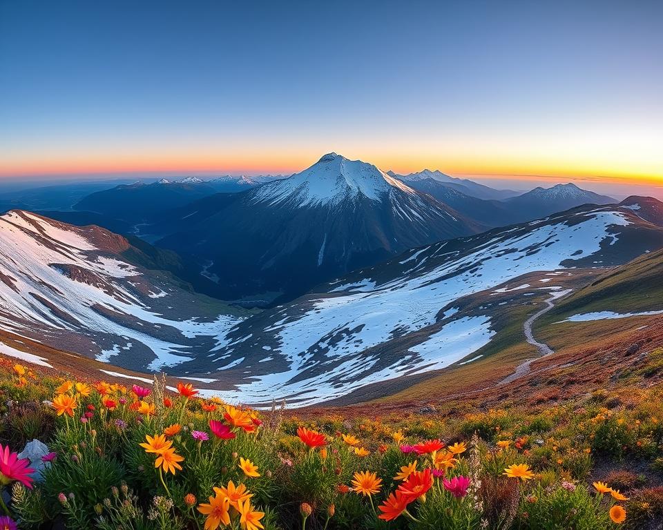 A stunning panoramic view of the Kebnekaise region in Sweden, showcasing the seasonal beauty across the landscape. In the foreground, vibrant wildflowers bloom in spring, with patches of fresh snow lingering near the rugged terrain. The middle ground features the majestic Kebnekaise mountain, its summit capped with glistening snow. In the background, a clear blue sky transitions into soft pastel hues at sunset, casting warm light over the peaks. A winding hiking trail is visible, hinting at adventure. The atmosphere is serene and inviting, ideal for exploration and showcasing the natural beauty of the region year-round. The image should be captured with a wide-angle lens to emphasize the vastness and grandeur of the Kebnekaise landscape, with soft, diffused lighting enhancing the tranquil mood. No text or overlays present.