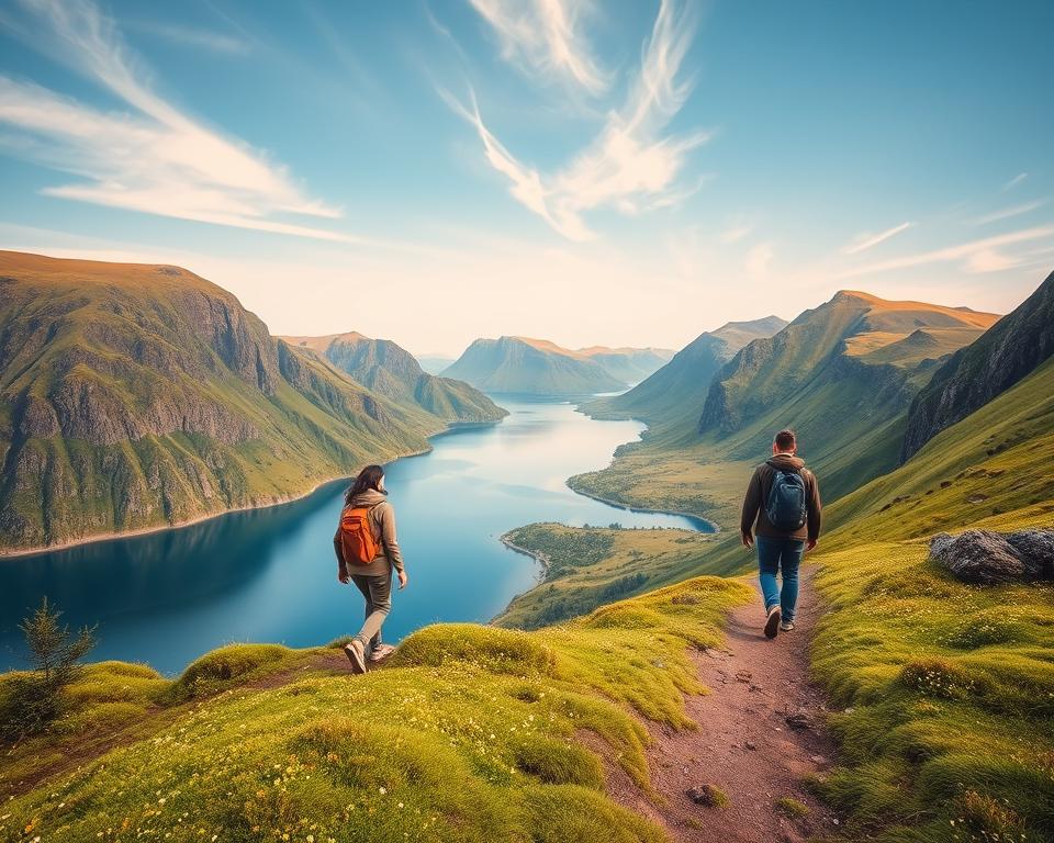 A stunning view of Siglufjörður, Iceland, showcasing its breathtaking natural beauty and commitment to sustainable travel. In the foreground, a traveler dressed in modest, casual clothing is walking along a scenic hiking trail covered with soft green moss and small wildflowers. The middle ground features the picturesque fjord with crystal-clear waters reflecting the surrounding cliffs and vibrant greenery. In the background, dramatic mountains rise under a soft blue sky, with wisps of white clouds, creating a serene and tranquil atmosphere. The lighting is warm and golden, indicating late afternoon, perfect for capturing the essence of exploration while preserving nature and culture. The overall mood conveys a sense of harmony with the environment, inviting viewers to appreciate the beauty of sustainable travel in this hidden gem of Iceland. A stunning view of Siglufjörður, Iceland, showcasing its breathtaking natural beauty and commitment to sustainable travel. In the foreground, a traveler dressed in modest, casual clothing is walking along a scenic hiking trail covered with soft green moss and small wildflowers. The middle ground features the picturesque fjord with crystal-clear waters reflecting the surrounding cliffs and vibrant greenery. In the background, dramatic mountains rise under a soft blue sky, with wisps of white clouds, creating a serene and tranquil atmosphere. The lighting is warm and golden, indicating late afternoon, perfect for capturing the essence of exploration while preserving nature and culture. The overall mood conveys a sense of harmony with the environment, inviting viewers to appreciate the beauty of sustainable travel in this hidden gem of Iceland.