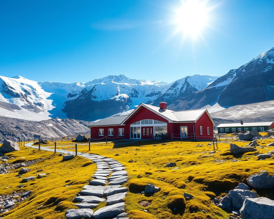 A stunning view of the Kebnekaise Fjällstation nestled in the Swedish mountains, showcasing its modern yet cozy architecture. In the foreground, there are well-kept walking paths leading to the entrance, flanked by patches of vibrant green moss and rocky terrain. In the middle ground, the iconic red and white station contrasts beautifully with the rugged snow-capped peaks of Kebnekaise, under a bright, clear blue sky. The sunlight casts warm, inviting rays, creating a soothing atmosphere. In the background, majestic glaciers glisten under the sun, emphasizing the remote wilderness surrounding the station. Capture this scene at a slightly elevated angle to highlight both the building and its breathtaking mountain backdrop. Ideal for conveying the sense of adventure and tranquility that visitors experience.