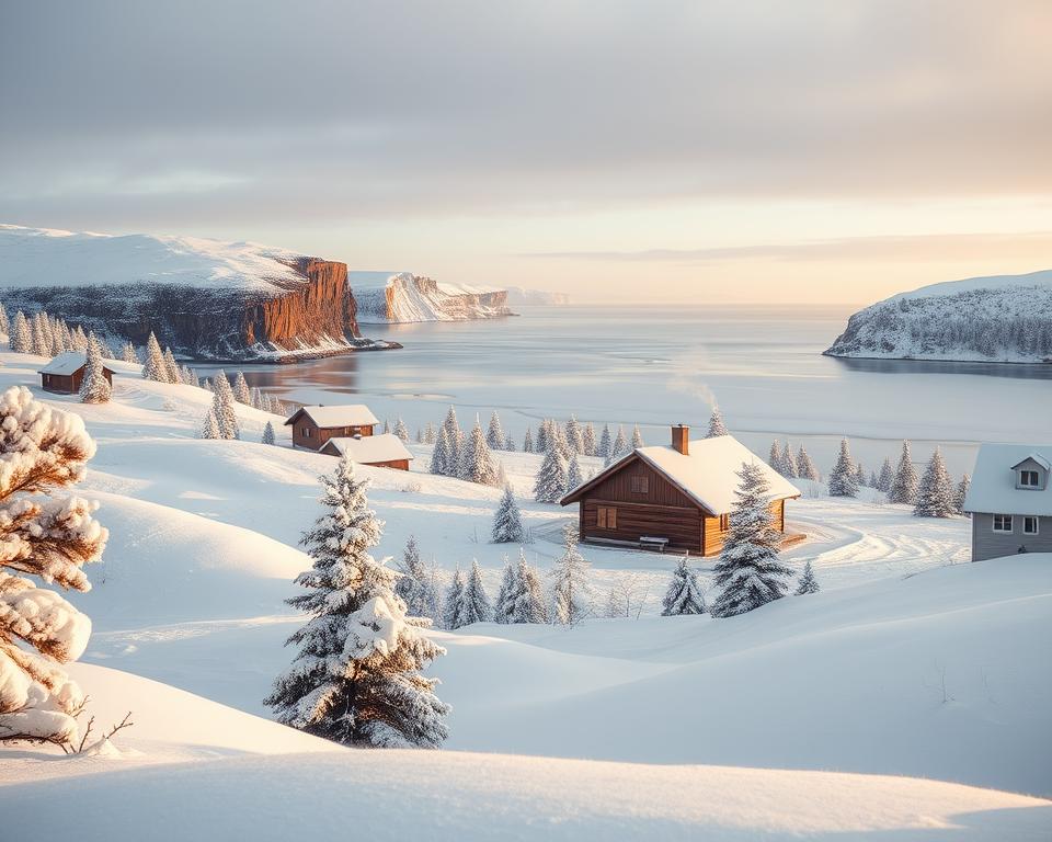 A tranquil winter scene of Nordic islands, showcasing serene landscapes blanketed in pristine snow. In the foreground, gently rolling hills adorned with frost-covered pine trees create a picturesque frame. The middle ground features quaint wooden cabins with smoke curling from their chimneys, surrounded by luminous white snow, hinting at warmth inside. The background reveals majestic cliffs and a still, icy sea, reflecting a soft, pale blue sky. The atmosphere is peaceful and enchanting, with a golden soft light illuminating the scene, suggesting the warm glow of sunrise. Capture this landscape with a wide-angle lens for depth, emphasizing the contrast between the warm cabins and the cold, serene environment. No people present, ensuring an immersive winter wonderland experience.