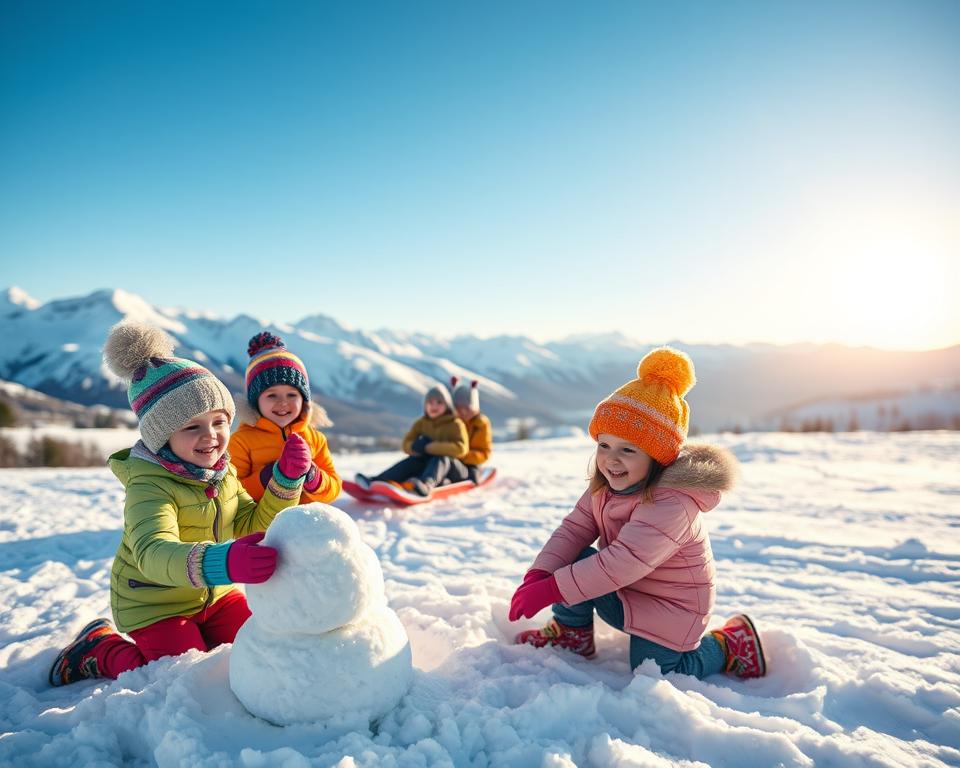 A vibrant winter scene in Norway showcasing seasonal activities for children. In the foreground, joyful children dressed warmly in colorful winter gear are building a snowman and engaging in a snowball fight. In the middle ground, a family is sledding down a gentle hill, their laughter filling the air. The background features picturesque snow-covered mountains under a clear blue sky, with the soft glow of the afternoon sun illuminating the landscape. The atmosphere is cheerful and lively, capturing the excitement of winter adventures. The image should have a slight depth of field, focusing on the children while softly blurring the distant mountains to create a sense of warmth and delight. No text or watermarks included.