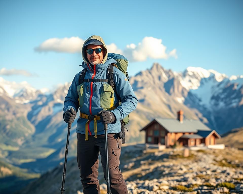 A well-equipped mountaineer stands confidently in the foreground, dressed in professional, weatherproof attire suitable for high-altitude trekking, holding trekking poles. The middle ground features the breathtaking Kebnekaise fjällstation, a rustic mountain lodge surrounded by rugged, snow-capped peaks and lush green valleys. In the background, the majestic Kebnekaise mountains reach high above, their rocky faces glistening under a clear blue sky filled with a few fluffy white clouds. The scene is illuminated by the soft, warm late afternoon sunlight, casting gentle shadows that enhance the texture of the terrain. The mood is adventurous yet serene, inviting the viewer to feel the thrill of exploring Sweden's highest mountains while emphasizing the importance of proper equipment and preparation for high-altitude environments.
