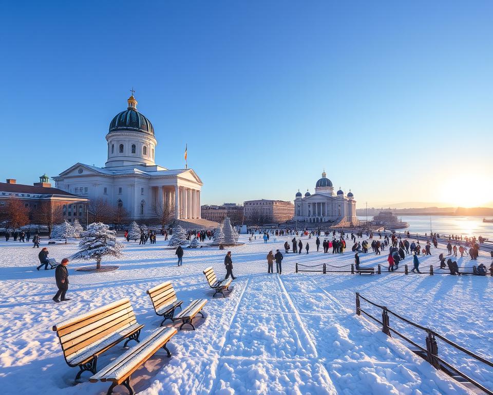 A winter scene in Helsinki, showcasing iconic landmarks blanketed in snow. In the foreground, a serene view of the Helsinki Cathedral, its white façade contrasting with the blue sky, while the surrounding area features snow-covered benches and trees. In the middle ground, the bustling Senate Square is filled with visitors in stylish winter attire, capturing the lively atmosphere. The background reveals the distant silhouette of the Uspenski Cathedral and the harbor, partially frozen over with ice. The soft, golden glow of the late afternoon sun casts long shadows, enhancing the tranquil winter mood. The overall atmosphere is peaceful yet vibrant, encapsulating the charm of Helsinki in winter. The image is composed with a slight tilt, emphasizing the grandeur of the cathedral against the expansive sky.