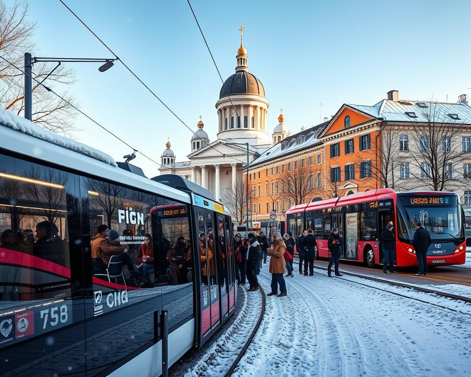 A winter scene in Helsinki showcasing the city's public transport system. In the foreground, a modern tram, adorned with snow on its roof, glides along the track, with passengers dressed in stylish winter attire. People are seen waiting at a bus stop, bundled up in colorful scarves and coats, their breath visible in the crisp air. The middle ground features snow-covered streets lined with charming, historic buildings, illuminated by the soft glow of street lamps. In the background, a picturesque view of the famous Helsinki Cathedral under a clear blue sky, with delicate snowflakes gently falling. The atmosphere is lively yet serene, capturing the essence of winter in a bustling city. The image should be bright and inviting, highlighting the beauty and functionality of Helsinki's public transport in winter.