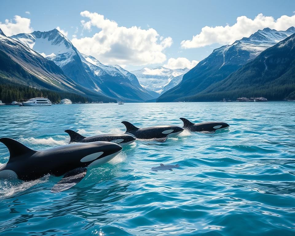 Orcas swimming gracefully in the clear, icy waters of Norway, surrounded by stunning fjords and towering snow-capped mountains. In the foreground, a pod of orcas is breaching the surface, showcasing their sleek black and white bodies against the shimmering blue water. In the middle ground, schools of fish are visible just beneath the surface, adding dynamism to the scene. The background features a breathtaking landscape of rugged cliffs and pine forests under a bright, sunny sky with soft, fluffy clouds. The lighting is bright and natural, emphasizing the vibrant colors of the orcas and the surrounding environment. The overall mood is serene yet awe-inspiring, capturing the majestic beauty of these marine creatures in their native habitat. Orcas swimming gracefully in the clear, icy waters of Norway, surrounded by stunning fjords and towering snow-capped mountains. In the foreground, a pod of orcas is breaching the surface, showcasing their sleek black and white bodies against the shimmering blue water. In the middle ground, schools of fish are visible just beneath the surface, adding dynamism to the scene. The background features a breathtaking landscape of rugged cliffs and pine forests under a bright, sunny sky with soft, fluffy clouds. The lighting is bright and natural, emphasizing the vibrant colors of the orcas and the surrounding environment. The overall mood is serene yet awe-inspiring, capturing the majestic beauty of these marine creatures in their native habitat.